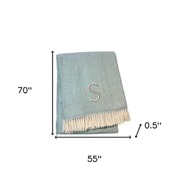HomeRoots 55" Sky Blue Herringbone Cotton Blend Throw Blanket with Tassels and Elegant Initial Embroidery S 680584