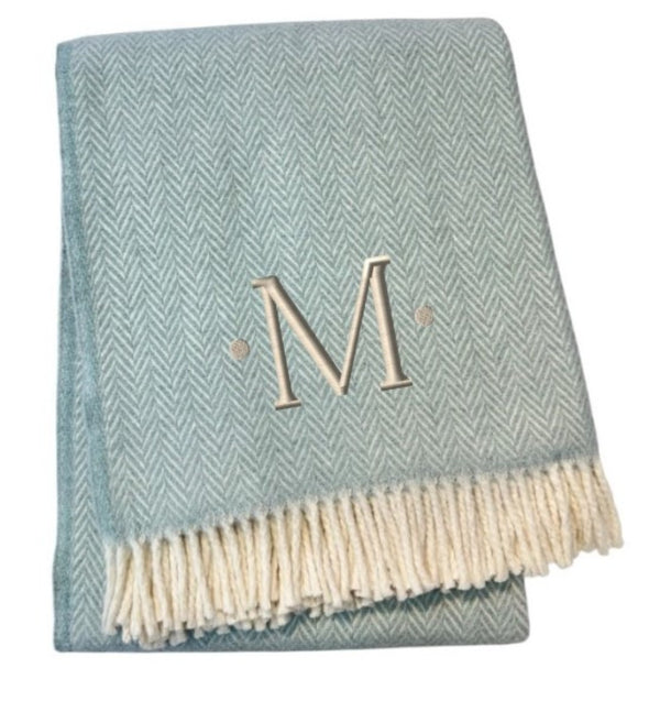 HomeRoots 55" Sky Blue Herringbone Cotton Blend Throw Blanket with Tassels and Elegant Initial Embroidery M 680585