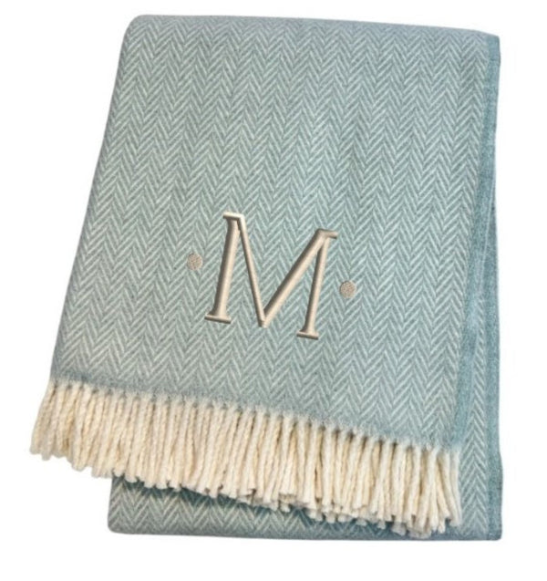 HomeRoots 55" Sky Blue Herringbone Cotton Blend Throw Blanket with Tassels and Elegant Initial Embroidery M 680585