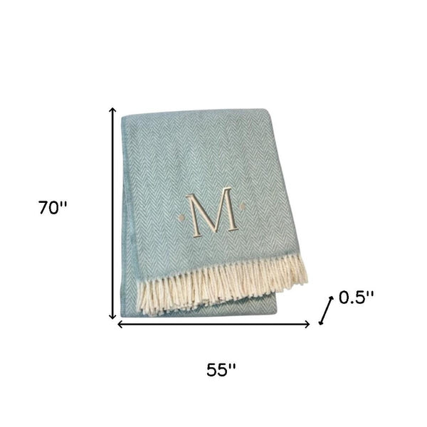 HomeRoots 55" Sky Blue Herringbone Cotton Blend Throw Blanket with Tassels and Elegant Initial Embroidery M 680585
