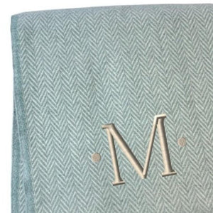 HomeRoots 55" Sky Blue Herringbone Cotton Blend Throw Blanket with Tassels and Elegant Initial Embroidery M 680585