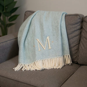 HomeRoots 55" Sky Blue Herringbone Cotton Blend Throw Blanket with Tassels and Elegant Initial Embroidery M 680585