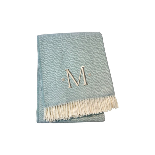 HomeRoots 55" Sky Blue Herringbone Cotton Blend Throw Blanket with Tassels and Elegant Initial Embroidery M 680585