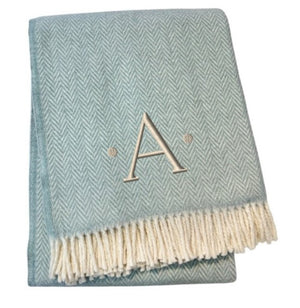 HomeRoots 55" Sky Blue Herringbone Cotton Blend Throw Blanket with Tassels and Elegant Initial Embroidery A 680586
