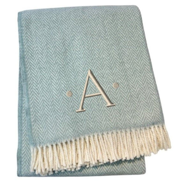 HomeRoots 55" Sky Blue Herringbone Cotton Blend Throw Blanket with Tassels and Elegant Initial Embroidery A 680586