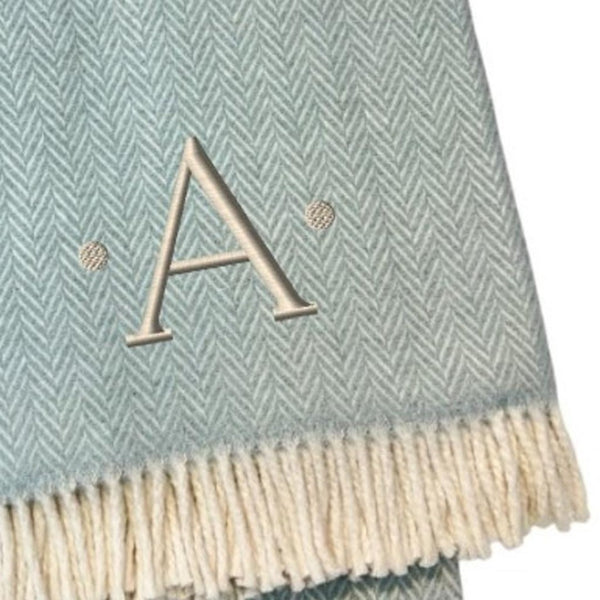 HomeRoots 55" Sky Blue Herringbone Cotton Blend Throw Blanket with Tassels and Elegant Initial Embroidery A 680586