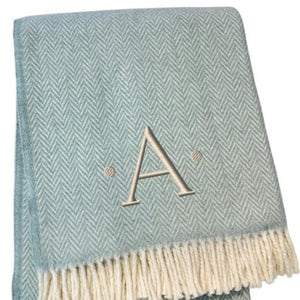 HomeRoots 55" Sky Blue Herringbone Cotton Blend Throw Blanket with Tassels and Elegant Initial Embroidery A 680586