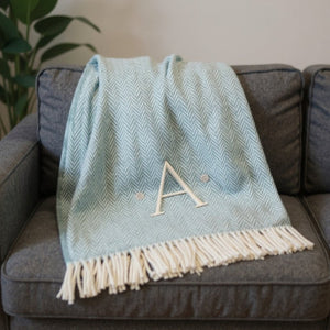 HomeRoots 55" Sky Blue Herringbone Cotton Blend Throw Blanket with Tassels and Elegant Initial Embroidery A 680586