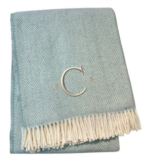 HomeRoots 55" Sky Blue Herringbone Cotton Blend Throw Blanket with Tassels and Elegant Initial Embroidery C 680587