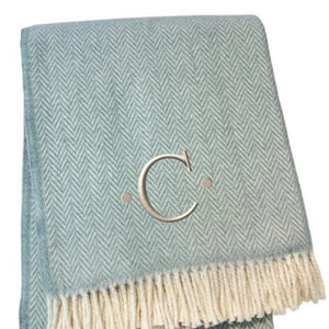HomeRoots 55" Sky Blue Herringbone Cotton Blend Throw Blanket with Tassels and Elegant Initial Embroidery C 680587