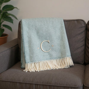HomeRoots 55" Sky Blue Herringbone Cotton Blend Throw Blanket with Tassels and Elegant Initial Embroidery C 680587