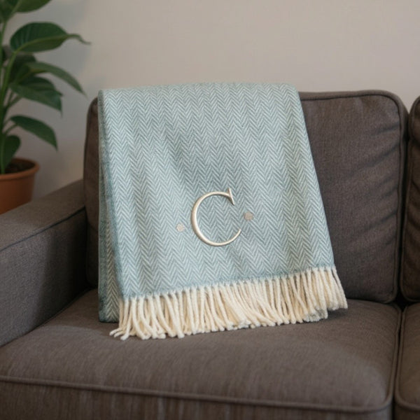 HomeRoots 55" Sky Blue Herringbone Cotton Blend Throw Blanket with Tassels and Elegant Initial Embroidery C 680587