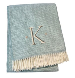HomeRoots 55" Sky Blue Herringbone Cotton Blend Throw Blanket with Tassels and Elegant Initial Embroidery K 680588