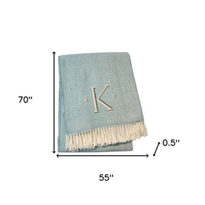 HomeRoots 55" Sky Blue Herringbone Cotton Blend Throw Blanket with Tassels and Elegant Initial Embroidery K 680588
