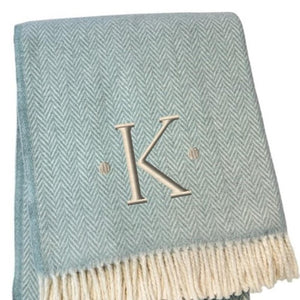 HomeRoots 55" Sky Blue Herringbone Cotton Blend Throw Blanket with Tassels and Elegant Initial Embroidery K 680588