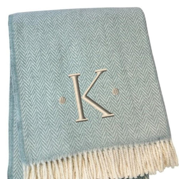 HomeRoots 55" Sky Blue Herringbone Cotton Blend Throw Blanket with Tassels and Elegant Initial Embroidery K 680588