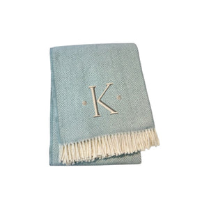 HomeRoots 55" Sky Blue Herringbone Cotton Blend Throw Blanket with Tassels and Elegant Initial Embroidery K 680588