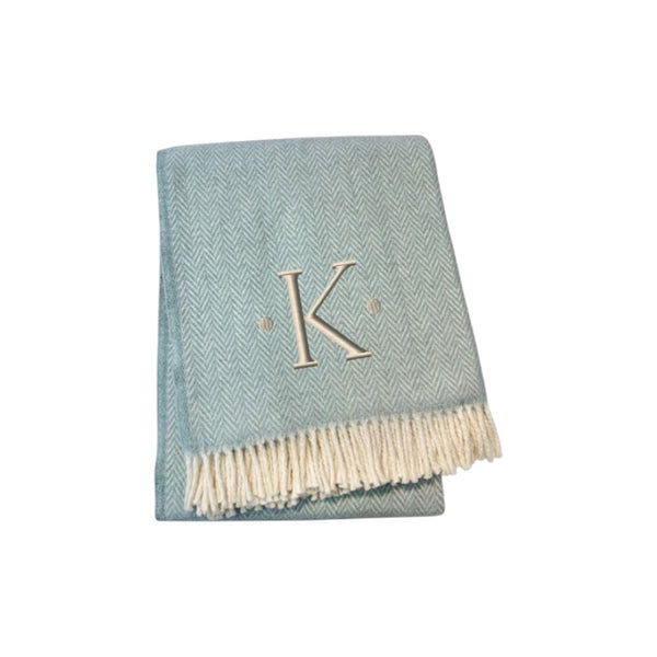 HomeRoots 55" Sky Blue Herringbone Cotton Blend Throw Blanket with Tassels and Elegant Initial Embroidery K 680588