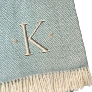HomeRoots 55" Sky Blue Herringbone Cotton Blend Throw Blanket with Tassels and Elegant Initial Embroidery K 680588