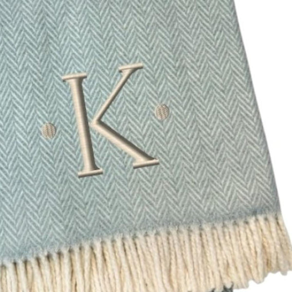 HomeRoots 55" Sky Blue Herringbone Cotton Blend Throw Blanket with Tassels and Elegant Initial Embroidery K 680588