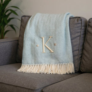 HomeRoots 55" Sky Blue Herringbone Cotton Blend Throw Blanket with Tassels and Elegant Initial Embroidery K 680588