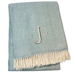 HomeRoots 55" Sky Blue Herringbone Cotton Blend Throw Blanket with Tassels and Elegant Initial Embroidery J 680589