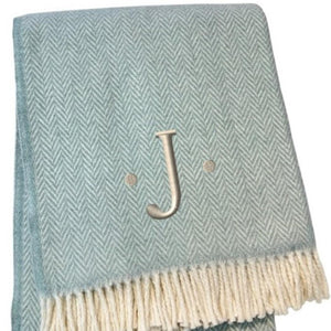 HomeRoots 55" Sky Blue Herringbone Cotton Blend Throw Blanket with Tassels and Elegant Initial Embroidery J 680589