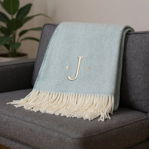 HomeRoots 55" Sky Blue Herringbone Cotton Blend Throw Blanket with Tassels and Elegant Initial Embroidery J 680589