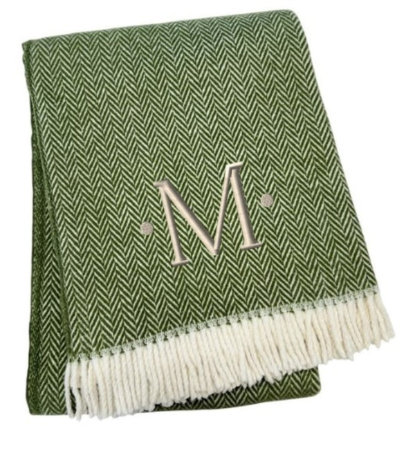 HomeRoots 55" Cozy Moss Green Herringbone Cotton Blend Throw Blanket with Tassels, Personalized Embroidery M 680591