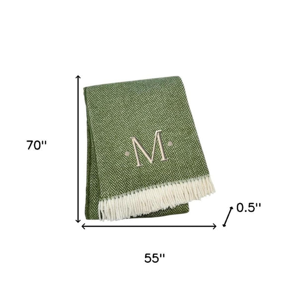 HomeRoots 55" Cozy Moss Green Herringbone Cotton Blend Throw Blanket with Tassels, Personalized Embroidery M 680591