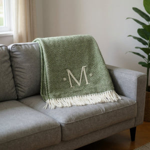 HomeRoots 55" Cozy Moss Green Herringbone Cotton Blend Throw Blanket with Tassels, Personalized Embroidery M 680591