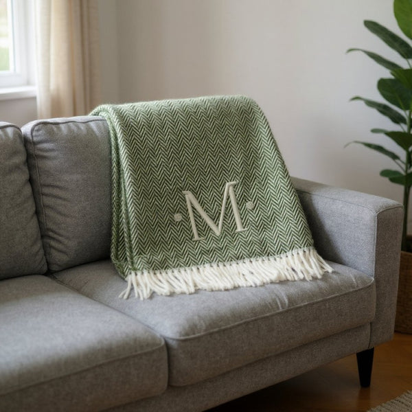 HomeRoots 55" Cozy Moss Green Herringbone Cotton Blend Throw Blanket with Tassels, Personalized Embroidery M 680591