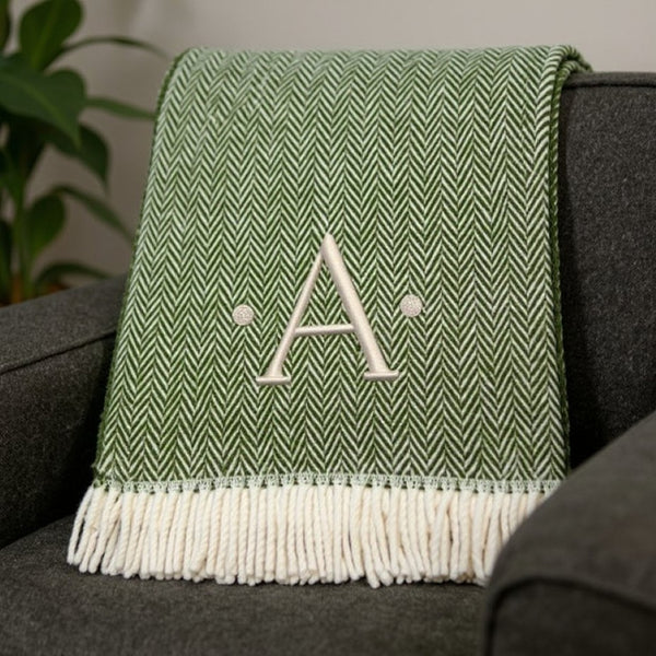 HomeRoots 55" Cozy Moss Green Herringbone Cotton Blend Throw Blanket with Tassels, Personalized Embroidery A 680592
