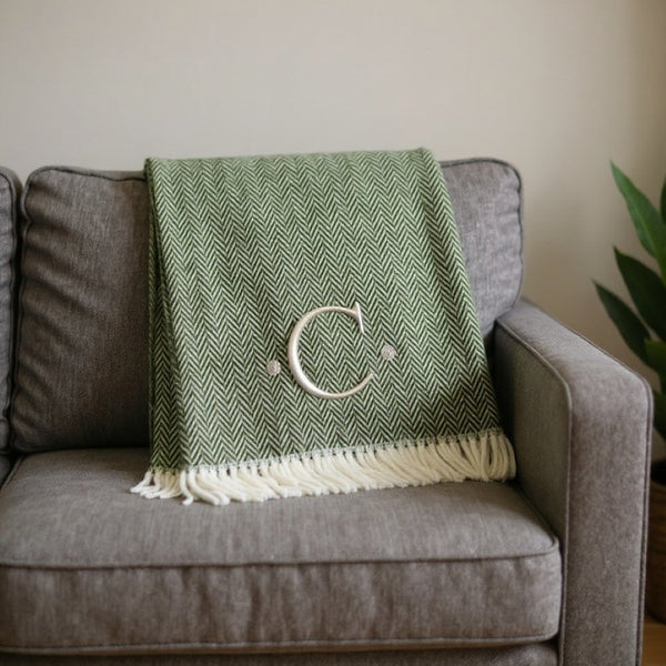 HomeRoots 55" Cozy Moss Green Herringbone Cotton Blend Throw Blanket with Tassels, Personalized Embroidery C 680593