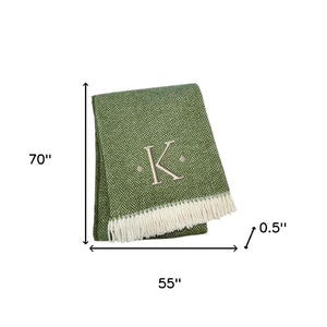 HomeRoots 55" Cozy Moss Green Herringbone Cotton Blend Throw Blanket with Tassels, Personalized Embroidery K 680594