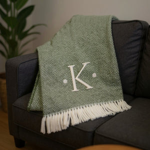 HomeRoots 55" Cozy Moss Green Herringbone Cotton Blend Throw Blanket with Tassels, Personalized Embroidery K 680594