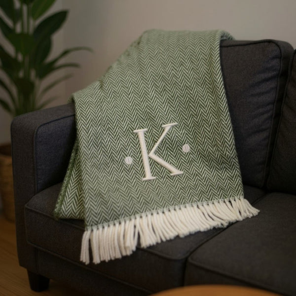 HomeRoots 55" Cozy Moss Green Herringbone Cotton Blend Throw Blanket with Tassels, Personalized Embroidery K 680594