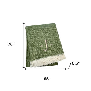 HomeRoots 55" Cozy Moss Green Herringbone Cotton Blend Throw Blanket with Tassels, Personalized Embroidery J 680595