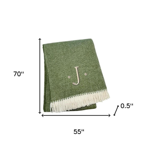 HomeRoots 55" Cozy Moss Green Herringbone Cotton Blend Throw Blanket with Tassels, Personalized Embroidery J 680595