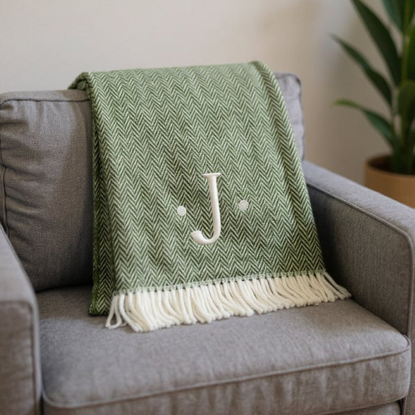 HomeRoots 55" Cozy Moss Green Herringbone Cotton Blend Throw Blanket with Tassels, Personalized Embroidery J 680595