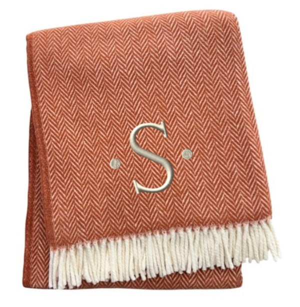 HomeRoots 55" Terra Cotta and White Herringbone Throw Blanket with Tassels, Embroidery, and Cozy Style S 680596