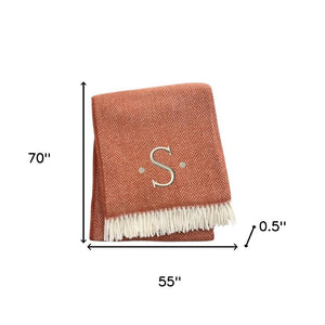 HomeRoots 55" Terra Cotta and White Herringbone Throw Blanket with Tassels, Embroidery, and Cozy Style S 680596