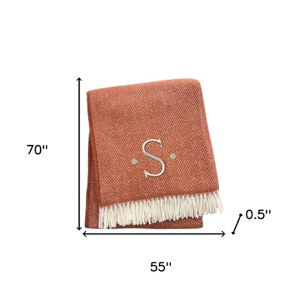 HomeRoots 55" Terra Cotta and White Herringbone Throw Blanket with Tassels, Embroidery, and Cozy Style S 680596