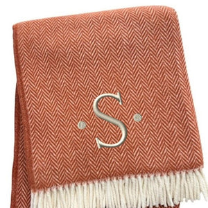 HomeRoots 55" Terra Cotta and White Herringbone Throw Blanket with Tassels, Embroidery, and Cozy Style S 680596