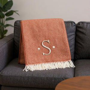 HomeRoots 55" Terra Cotta and White Herringbone Throw Blanket with Tassels, Embroidery, and Cozy Style S 680596