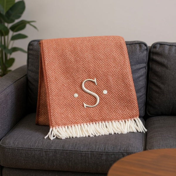 HomeRoots 55" Terra Cotta and White Herringbone Throw Blanket with Tassels, Embroidery, and Cozy Style S 680596