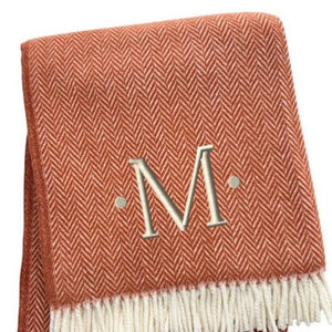 HomeRoots 55" Terra Cotta and White Herringbone Throw Blanket with Tassels, Embroidery, and Cozy Style M 680597