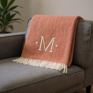 HomeRoots 55" Terra Cotta and White Herringbone Throw Blanket with Tassels, Embroidery, and Cozy Style M 680597