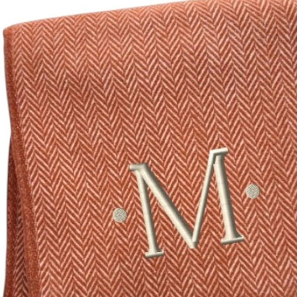 HomeRoots 55" Terra Cotta and White Herringbone Throw Blanket with Tassels, Embroidery, and Cozy Style M 680597