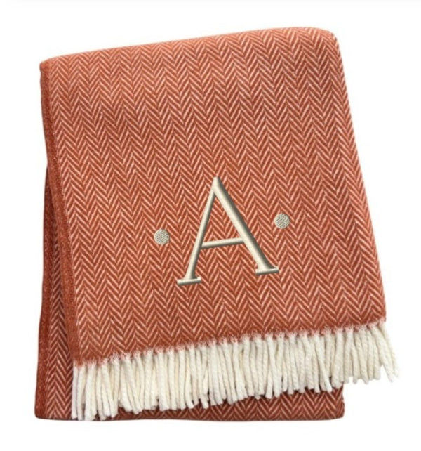 HomeRoots 55" Terra Cotta and White Herringbone Throw Blanket with Tassels, Embroidery, and Cozy Style A 680598